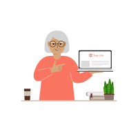 This image depicts a simplified illustration of an older woman with gray hair and glasses, wearing a coral-colored top. She is holding a laptop in one hand, which displays the "Total Life" logo on the screen. With her other hand, she is pointing toward the laptop. The setting includes a desk with a coffee cup, a stack of books, and a small plant, suggesting a comfortable work or learning environment. The overall design is lighthearted and engaging, with a focus on technology and accessibility for seniors.