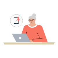 This image shows an illustrated older woman with gray hair tied in a bun and glasses, wearing a coral-colored top. She is seated at a desk, working on a laptop. A speech bubble next to her shows an image of a tablet with a download arrow, indicating a focus on technology or app downloads. The scene suggests that the woman is engaged in a digital activity, promoting ease of use or the process of downloading an app or document. The illustration is light and approachable, emphasizing technology use for seniors.