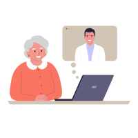 This image features an illustrated older woman with gray hair, wearing a coral-colored top with a white collar, sitting at a desk in front of a laptop. She is smiling and appears to be engaged in a virtual conversation. A thought bubble next to her shows a video call screen with a male doctor or professional, wearing a white coat, indicating that she is in a telehealth or online consultation session. The overall scene conveys a sense of ease and comfort with using technology for health-related or professional consultations.