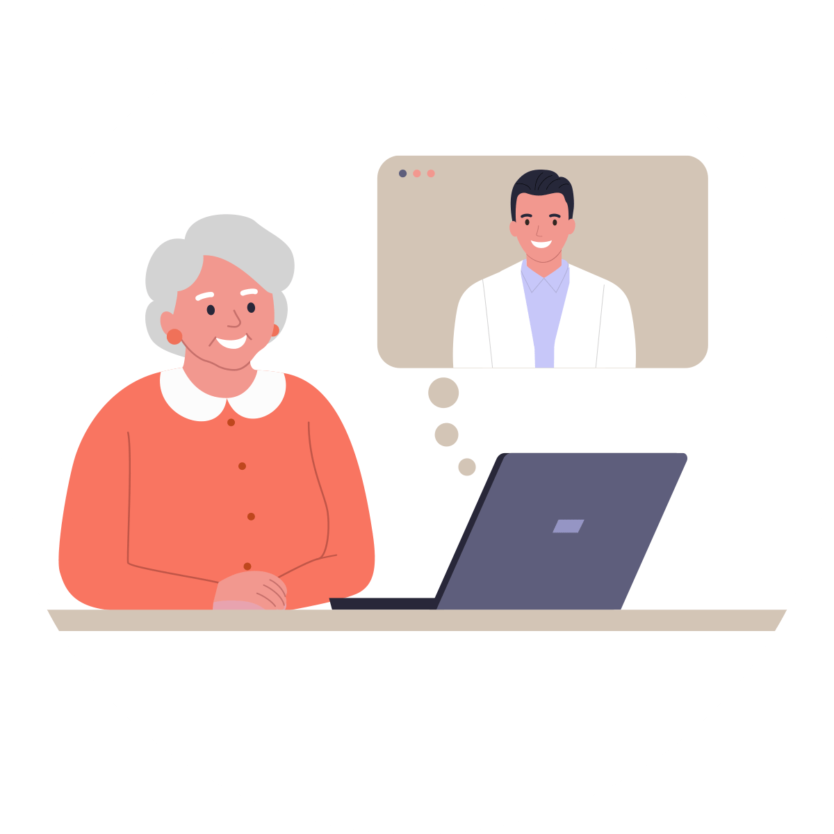 This image features an illustrated older woman with gray hair, wearing a coral-colored top with a white collar, sitting at a desk in front of a laptop. She is smiling and appears to be engaged in a virtual conversation. A thought bubble next to her shows a video call screen with a male doctor or professional, wearing a white coat, indicating that she is in a telehealth or online consultation session. The overall scene conveys a sense of ease and comfort with using technology for health-related or professional consultations.