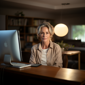 a woman sitting at a desk with a computer