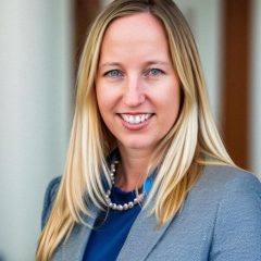 A professional headshot of a woman - a therapist at Total Life - with long blonde hair, wearing a gray blazer, a blue top, and a pearl necklace. She is smiling confidently in an indoor setting with a softly blurred background.