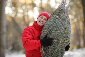 smiling man carrying freshly cut down christmas tree